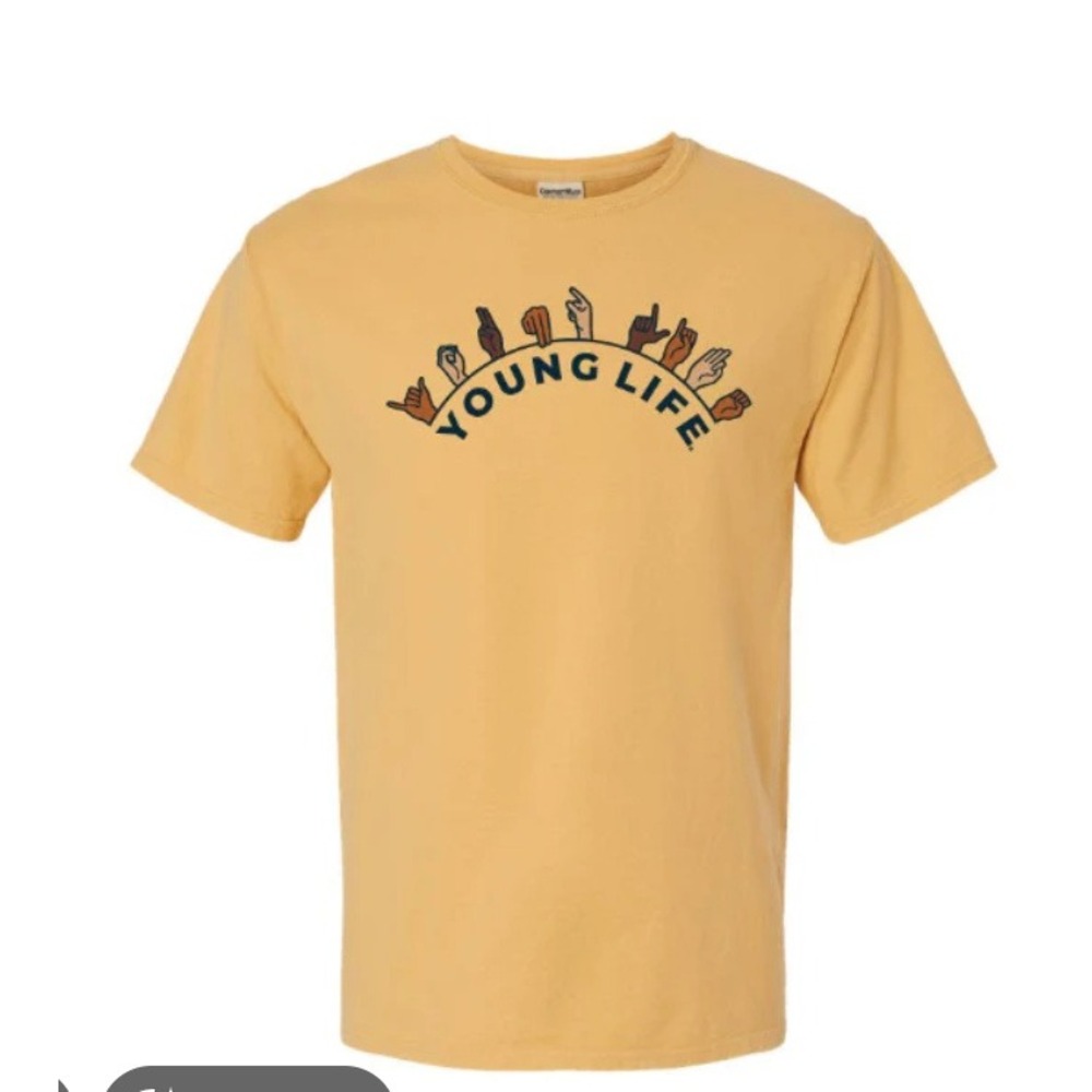 Young Life ASL Graphic T Shirt Mustard Yellow Sign Language Deaf Culture Large